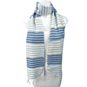 Sutton Studio 100% Cashmere White Blue Striped  Fringe Hem Neck Scarp